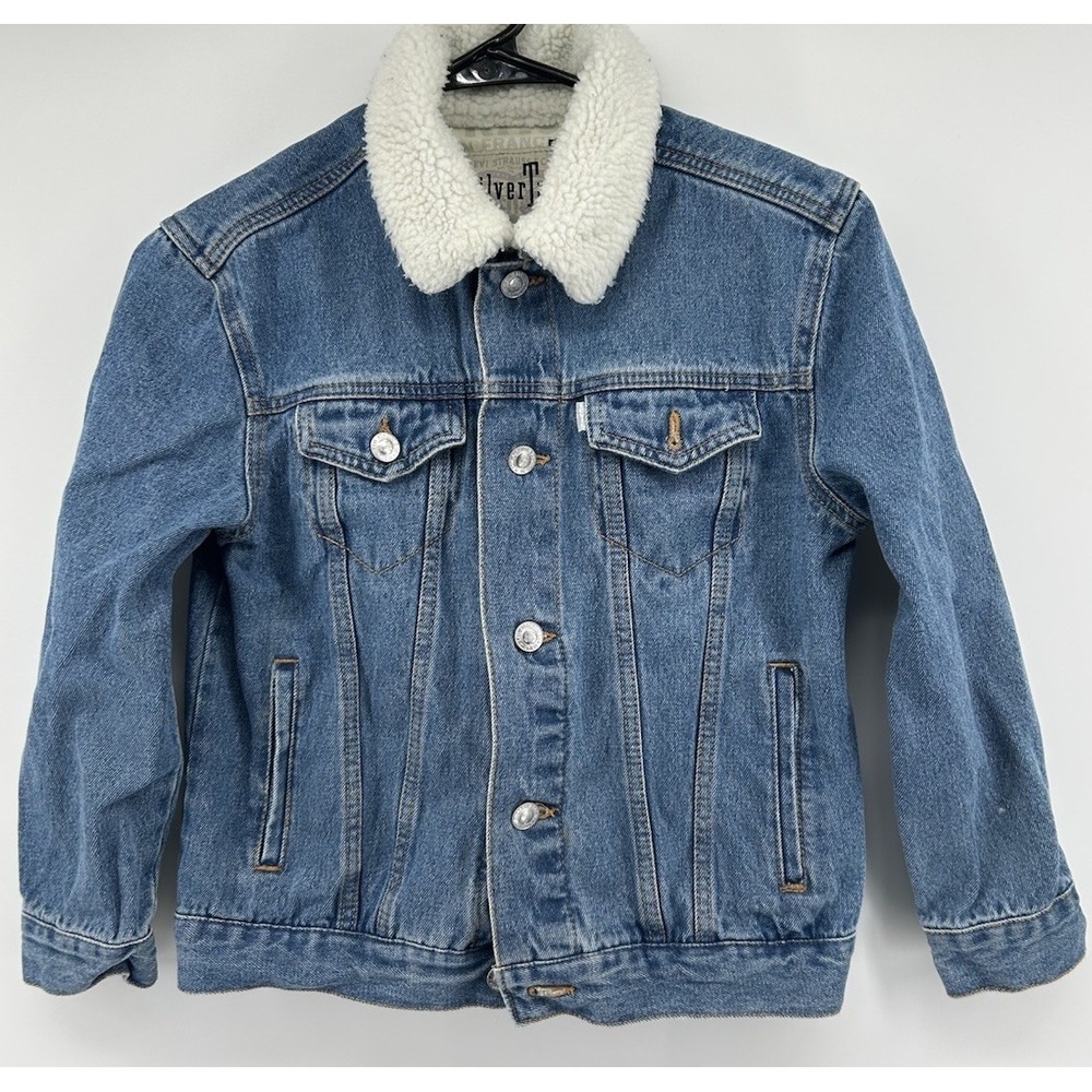 Levi's Silver Tab Snap‎ Sherpa Collar Denim Trucker Jacket Blue Youth Small 8/10
